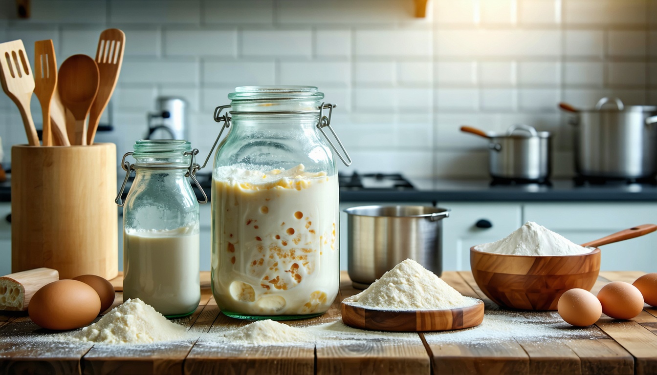 Cooking ingredients including milk, eggs, and flour.