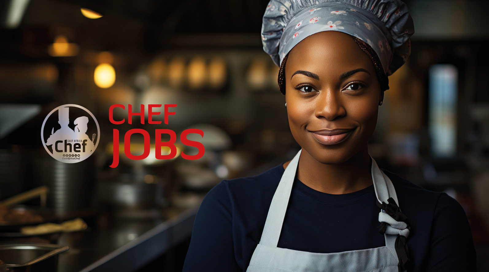 Smiling chef promoting culinary job opportunities.
