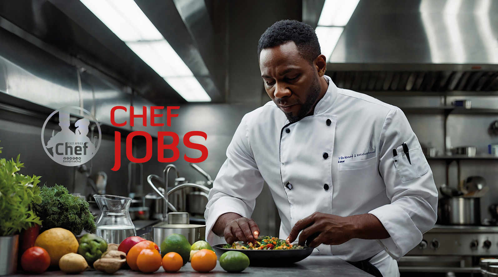 Chef preparing a colorful dish in kitchen.