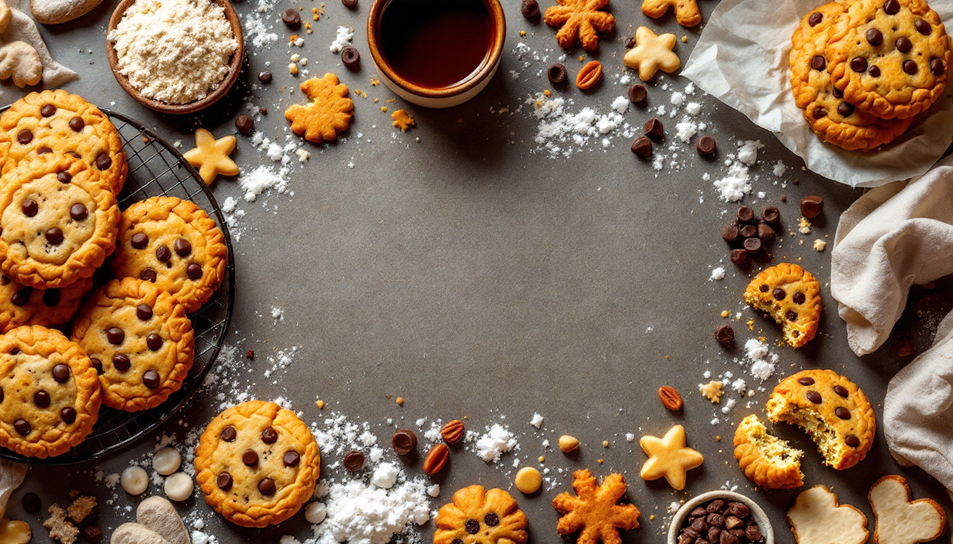 Various cookies and ingredients on a kitchen countertop.