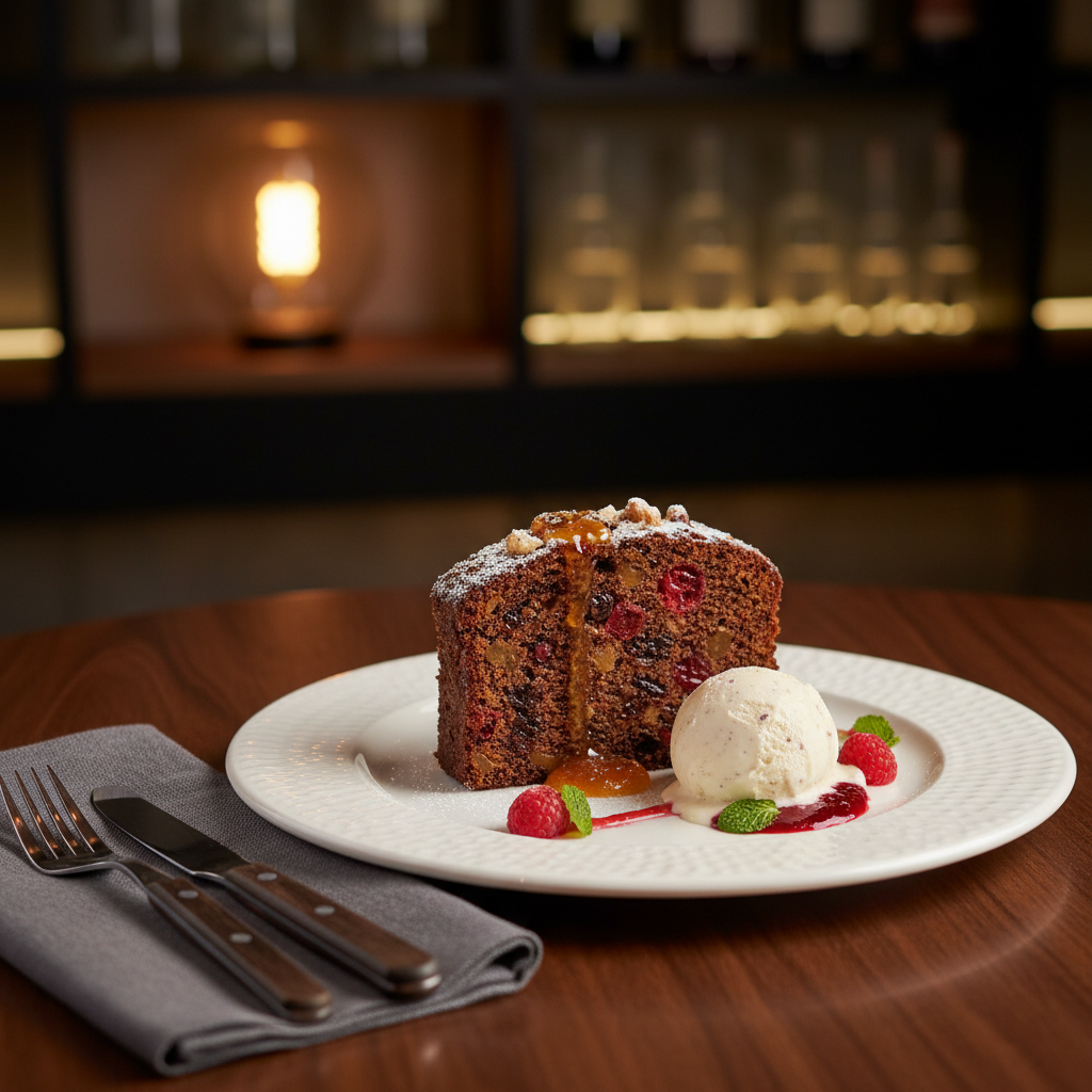 Slice of cake with ice cream and garnishes