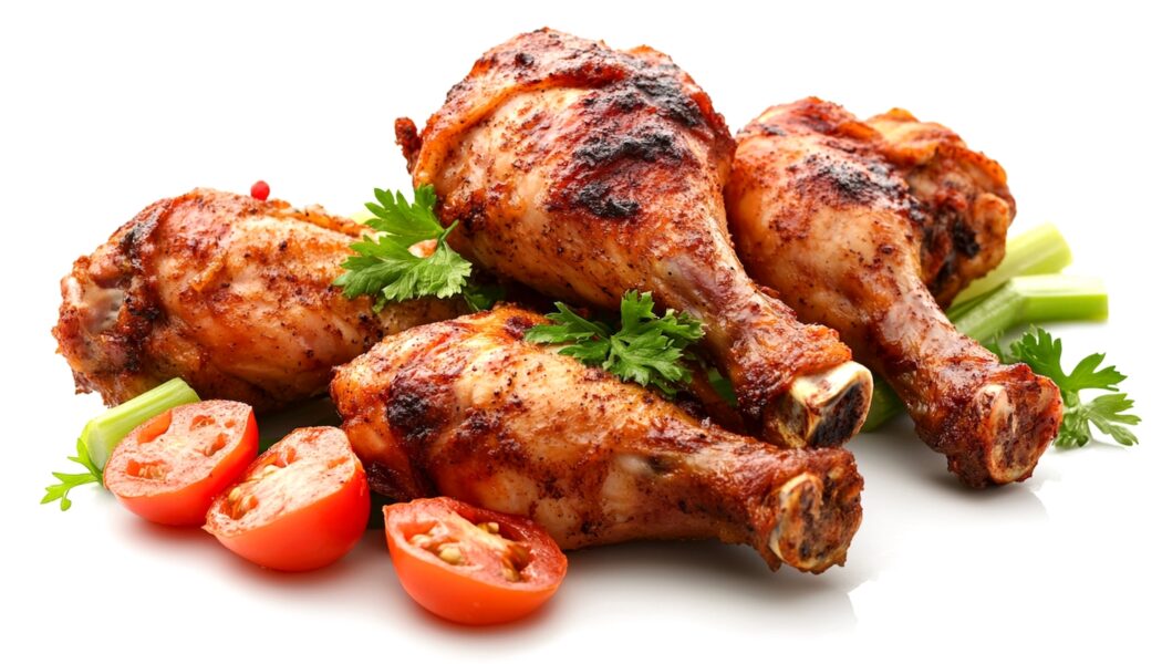 Grilled chicken drumsticks with fresh vegetables.
