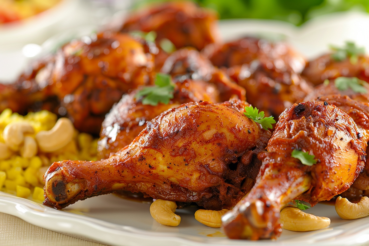 Close-up of spicy chicken drumsticks with sides