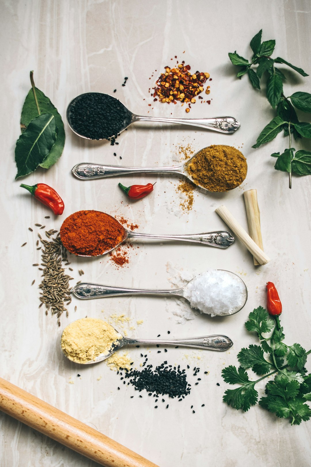 Colourful spices representing the five basic tastes in culinary arts
