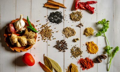 Indian spices arranged to illustrate the art of mixing and balancing basic tastes in cooking