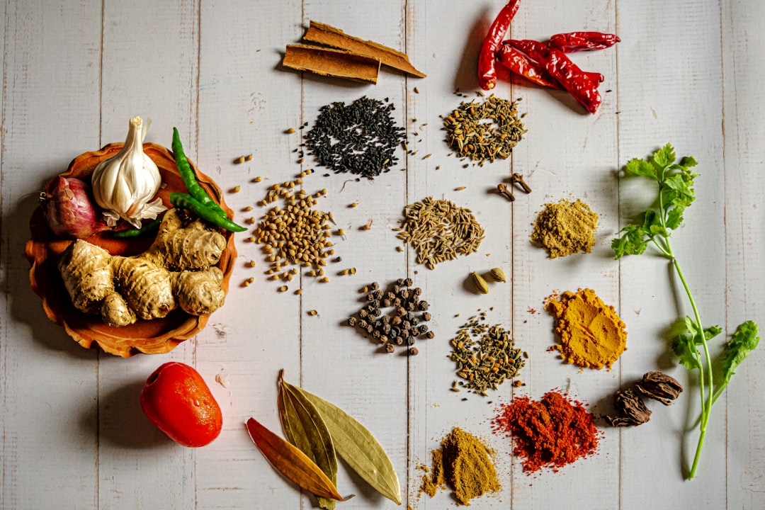 Indian spices arranged to illustrate the art of mixing and balancing basic tastes in cooking