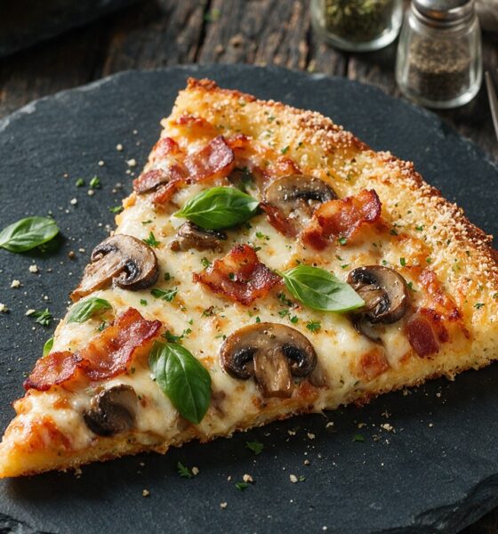 Keto bacon and mushroom pizza recipe featured image, EastAfricaChef.com, fathead dough pizza slice