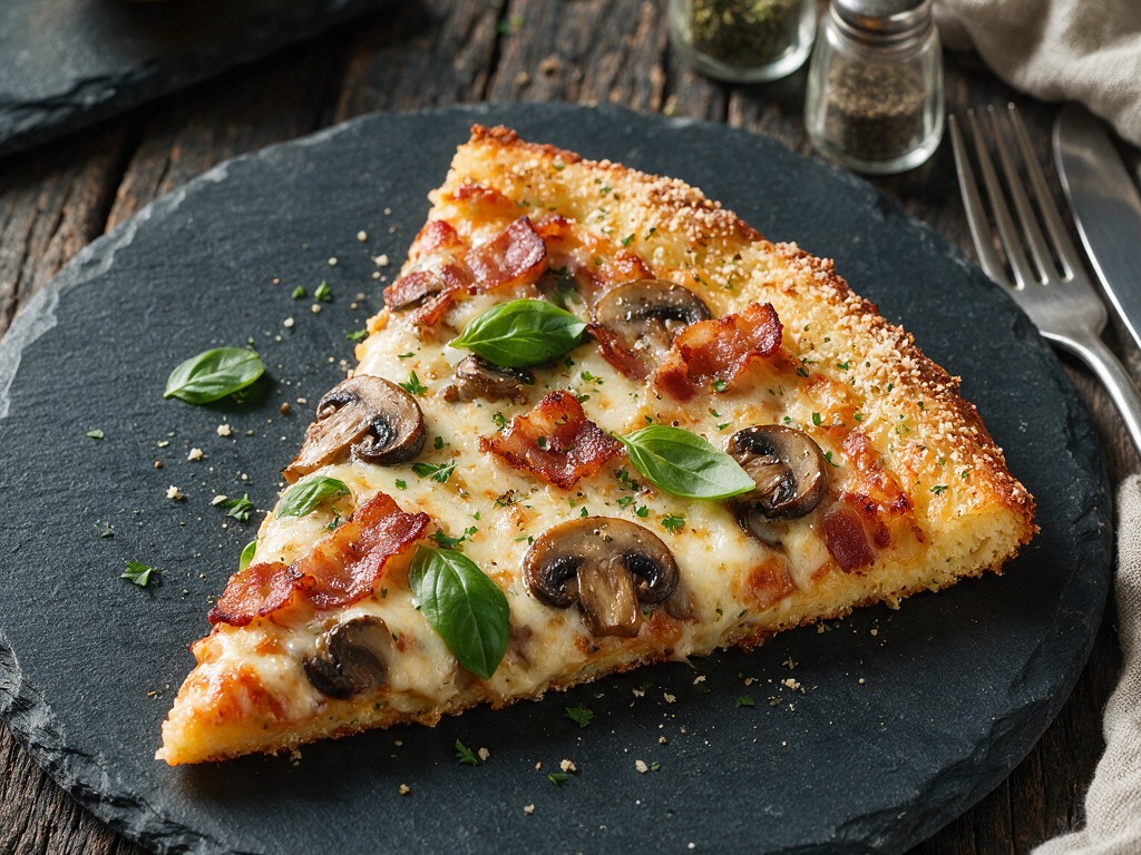 Keto bacon and mushroom pizza recipe featured image, EastAfricaChef.com, fathead dough pizza slice