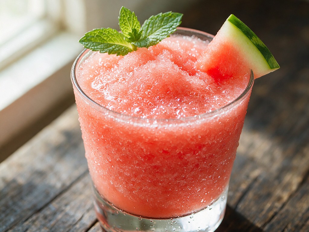 Keto watermelon mint slushy recipe featured image, EastAfricaChef.com, pink frozen slushy drink